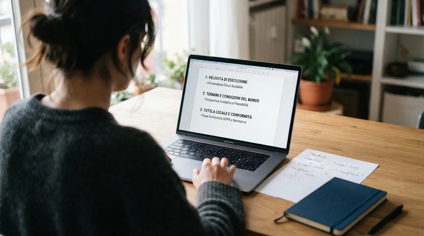 Giocatore davanti al laptop con un foglio e tre domande scritte: velocità, vincoli del bonus, tutela legale