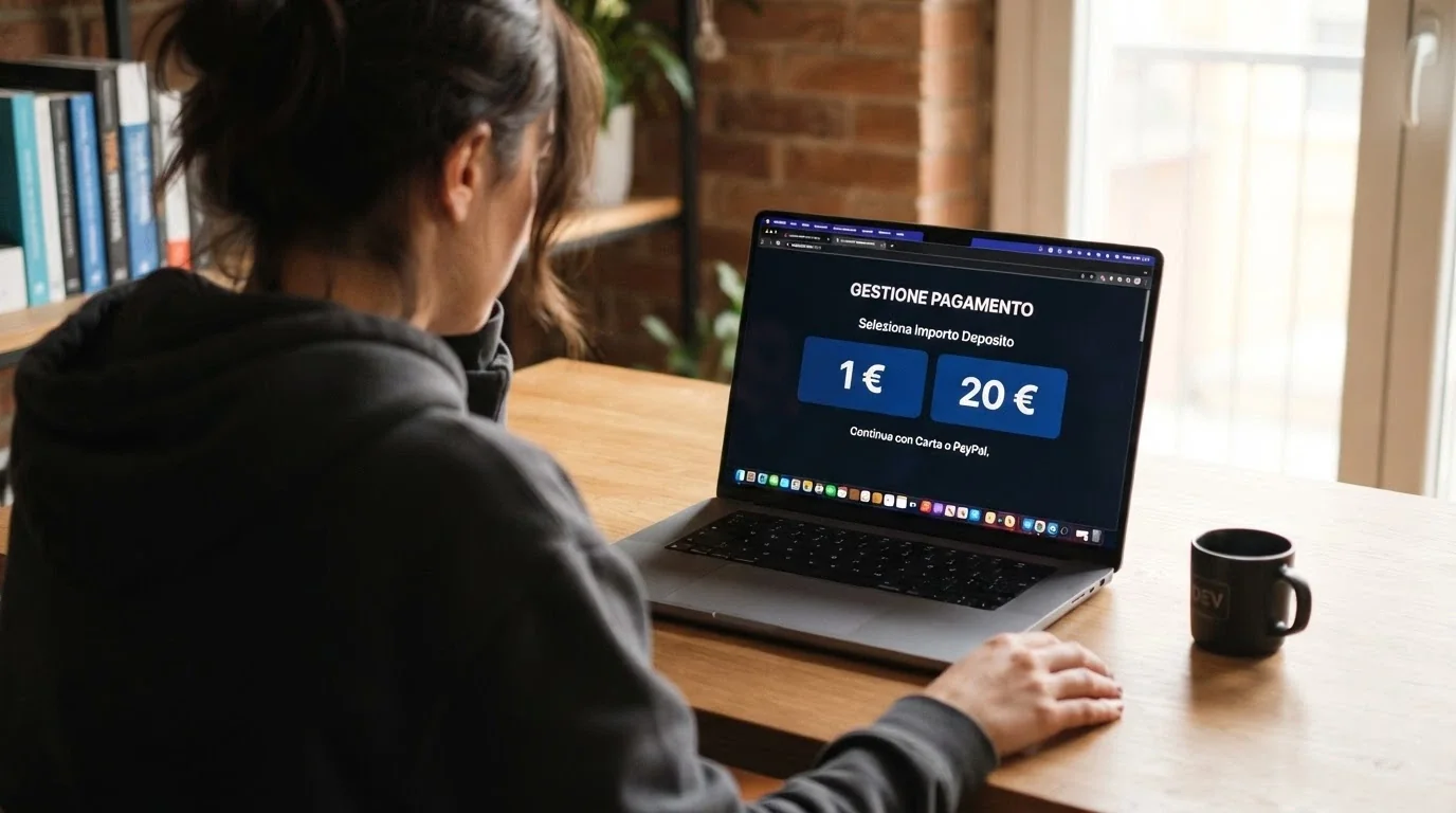 Un giocatore davanti allo schermo, con il cursore tra due opzioni di deposito (1 € e 20 €), mentre sullo sfondo compaiono le icone di licenza ADM, bonus e metodi di pagamento