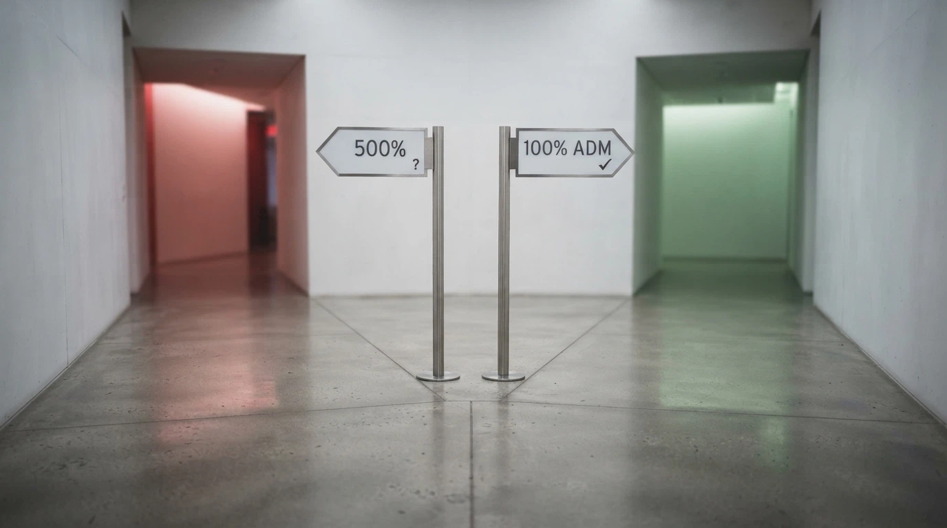 Un bivio con due frecce: una verso «500% — sito non AAMS» su sfondo rosso con punto interrogativo, l'altra verso «100% — operatore ADM» su sfondo verde con segno di spunta