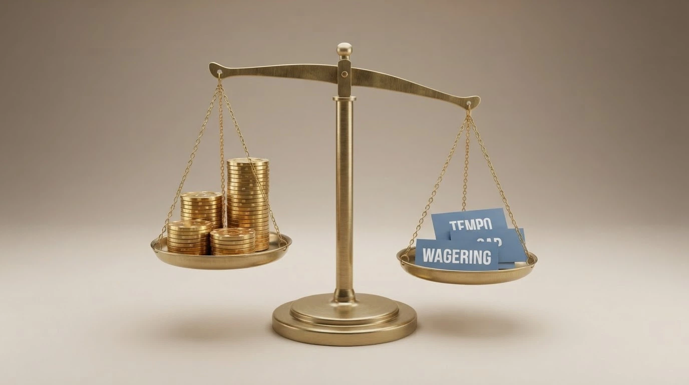 Una bilancia stilizzata: su un piatto il numero di giri gratis (100, 500, 1.000), sull'altro i tre fattori chiave — wagering, cap, tempo — che pesano di più
