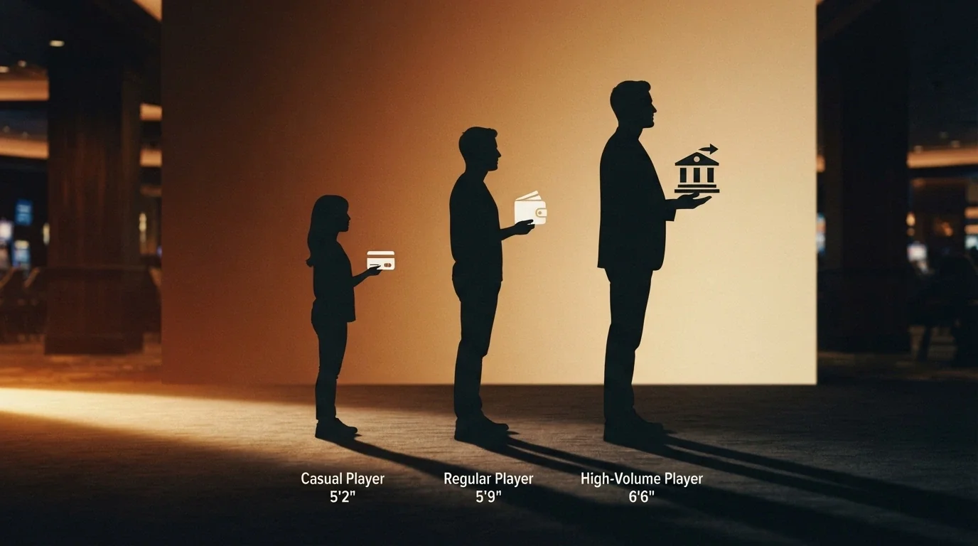 Tre silhouette di profili di giocatore (saltuario, abituale, high-volume) con icone del metodo di pagamento consigliato per ciascuno