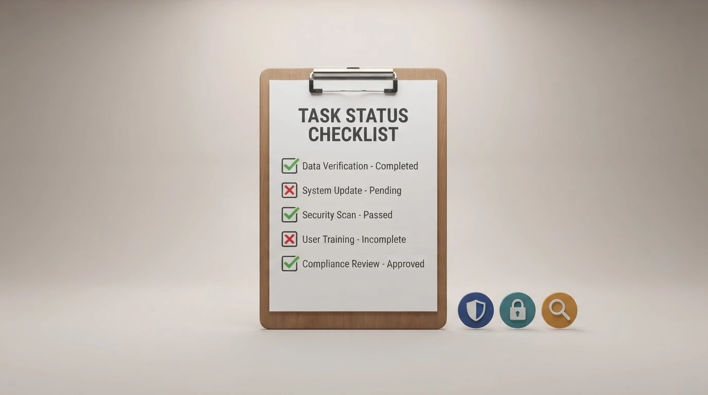 Checklist di sicurezza con segni di spunta e croci accanto a icone di licenza, lucchetto SSL, recensioni e assistenza clienti