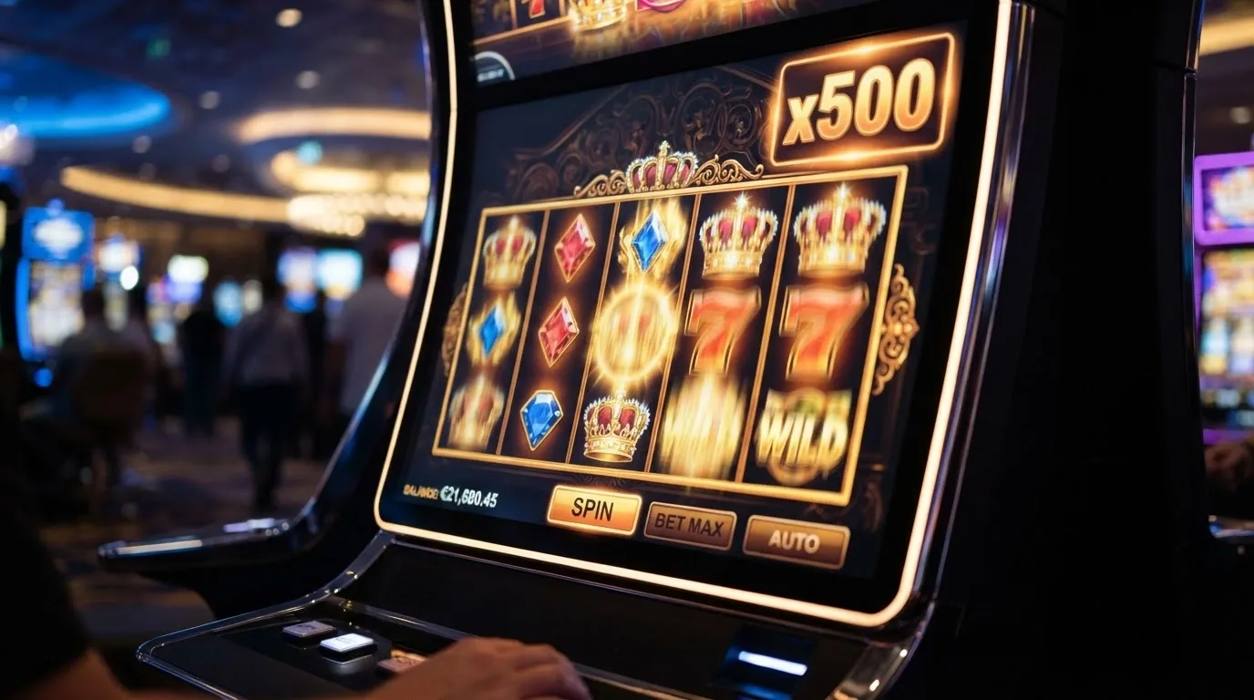 Rulli di una slot online con simboli dorati e interfaccia moltiplicatori in evidenza