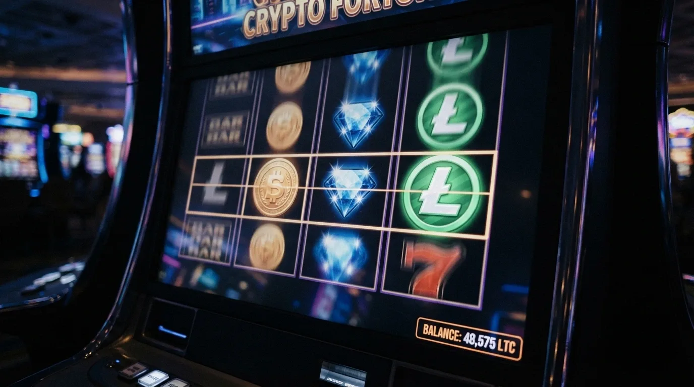 Schermata di una slot online a tema crypto con interfaccia di gioco e puntata in LTC