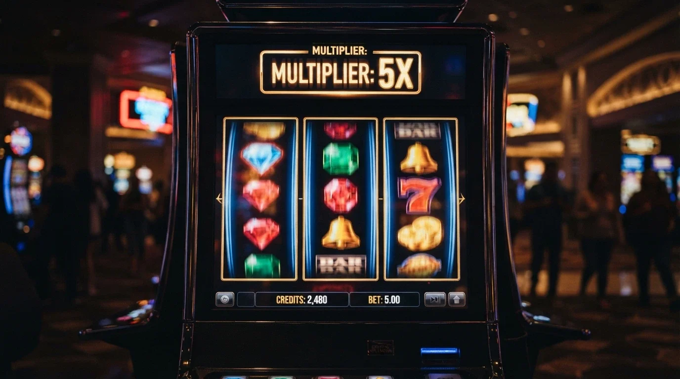 Interfaccia di una slot machine online a tema Dogecoin con i rulli in movimento e il moltiplicatore di vincita in evidenza