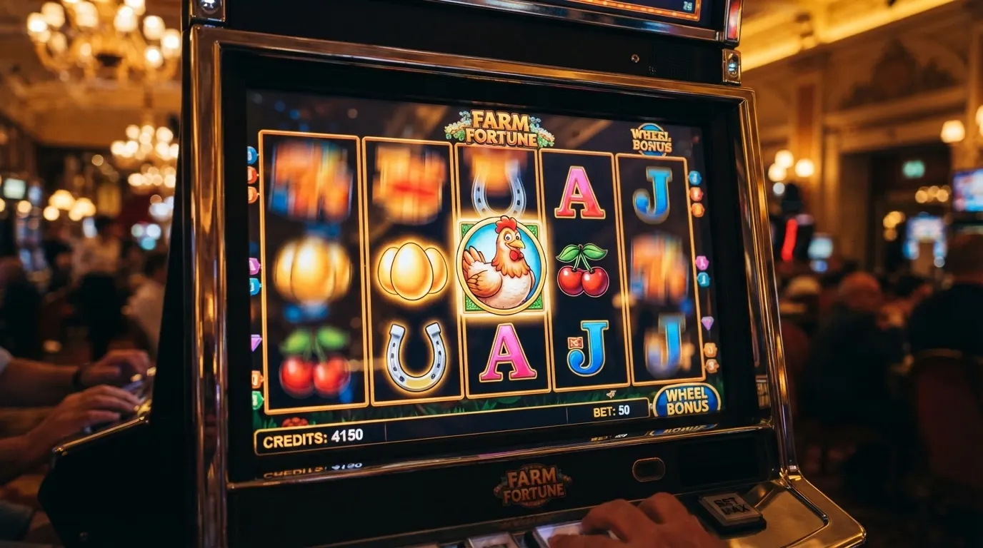 Griglia di gioco della slot Fowl Play Gold con i simboli della gallina, le uova d'oro e la scritta del jackpot
