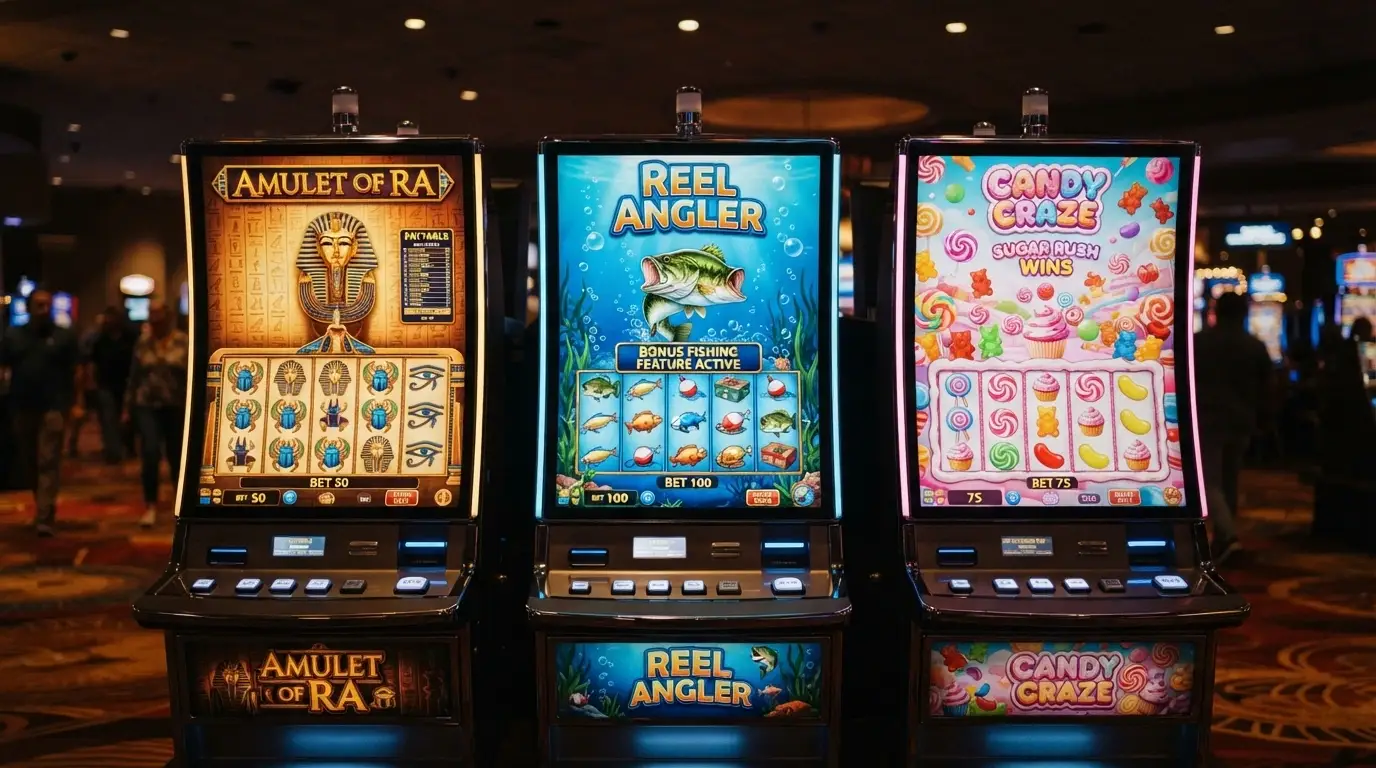 Tre slot machine in primo piano — Book of Dead, Big Bass Bonanza, Sweet Bonanza Super Scatter — con i loghi dei rispettivi provider sotto ciascuna