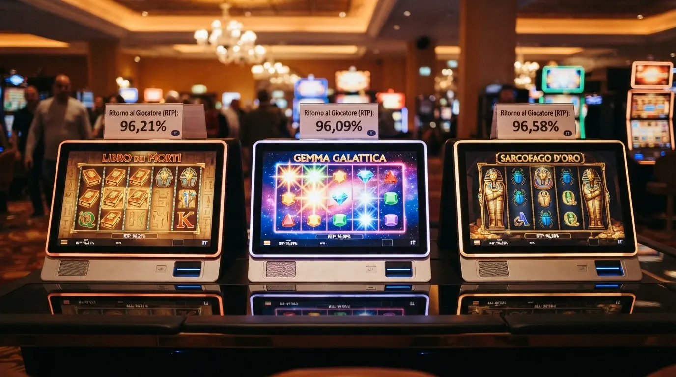 Tre slot machine affiancate in modalità demo: Book of Dead, Starburst e Legacy of Dead, con i rispettivi RTP in sovrimpressione