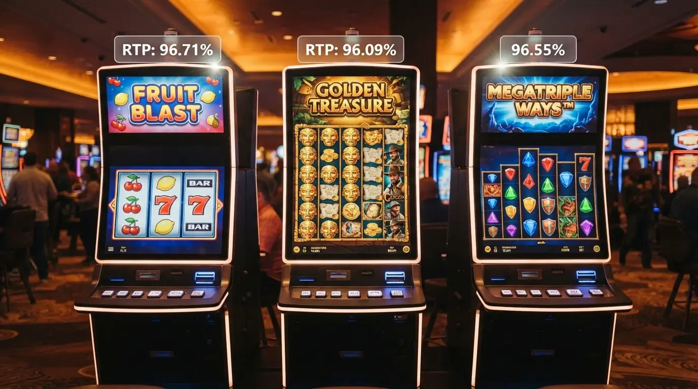 I rulli di tre slot machine affiancate — una classica a frutta, una moderna a tema avventura e una Megaways — con grafici RTP in sovrimpressione
