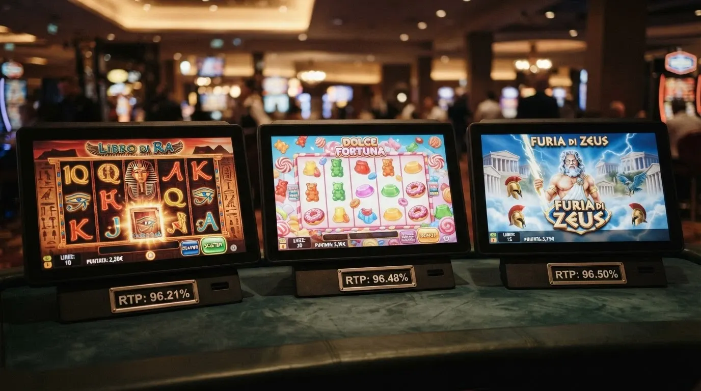 Tre schermate di slot affiancate — Book of Dead, Sweet Bonanza e Gates of Olympus — con i rispettivi RTP in evidenza