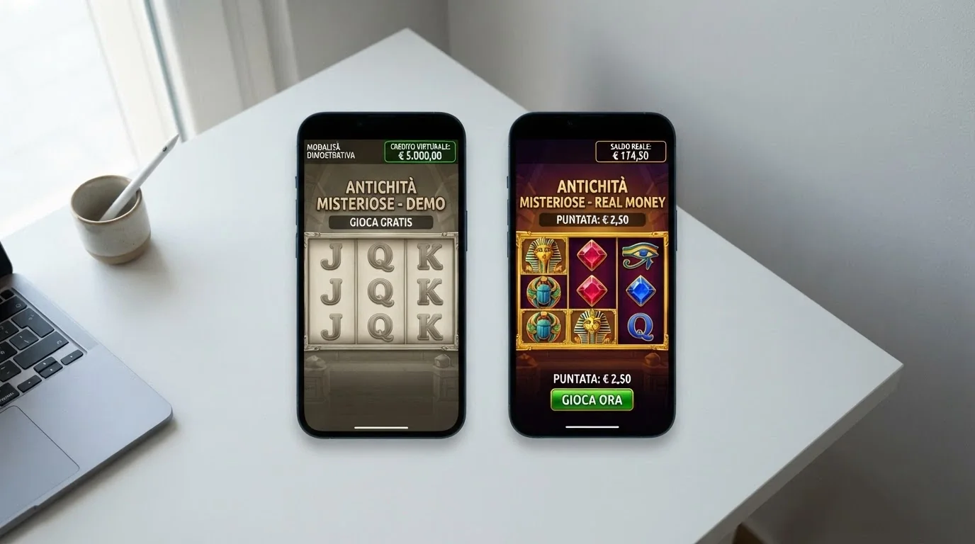 Due schermate affiancate: una slot in modalità demo con credito virtuale e la stessa slot in modalità reale