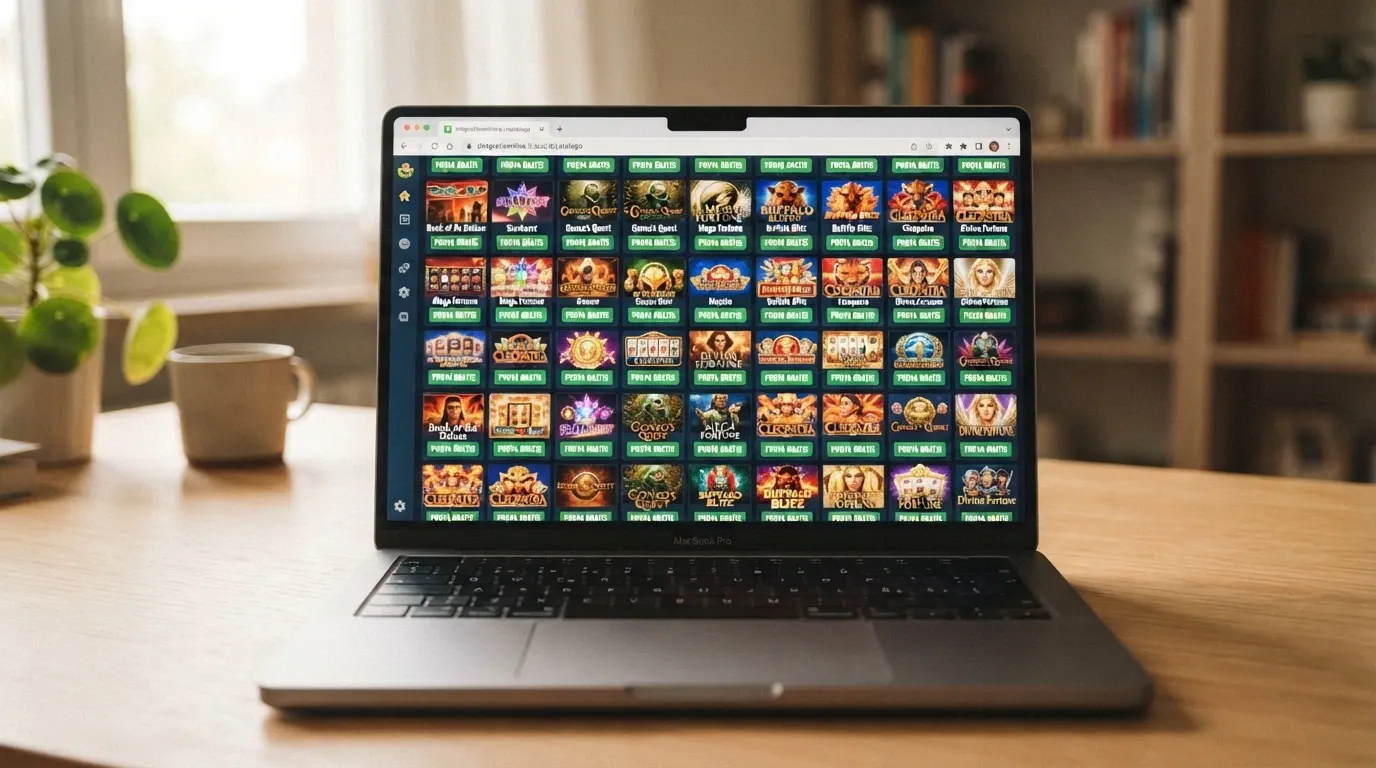 Galleria di miniature di slot machine con il pulsante «prova gratis» visibile su ciascuna, in un'interfaccia da browser senza login