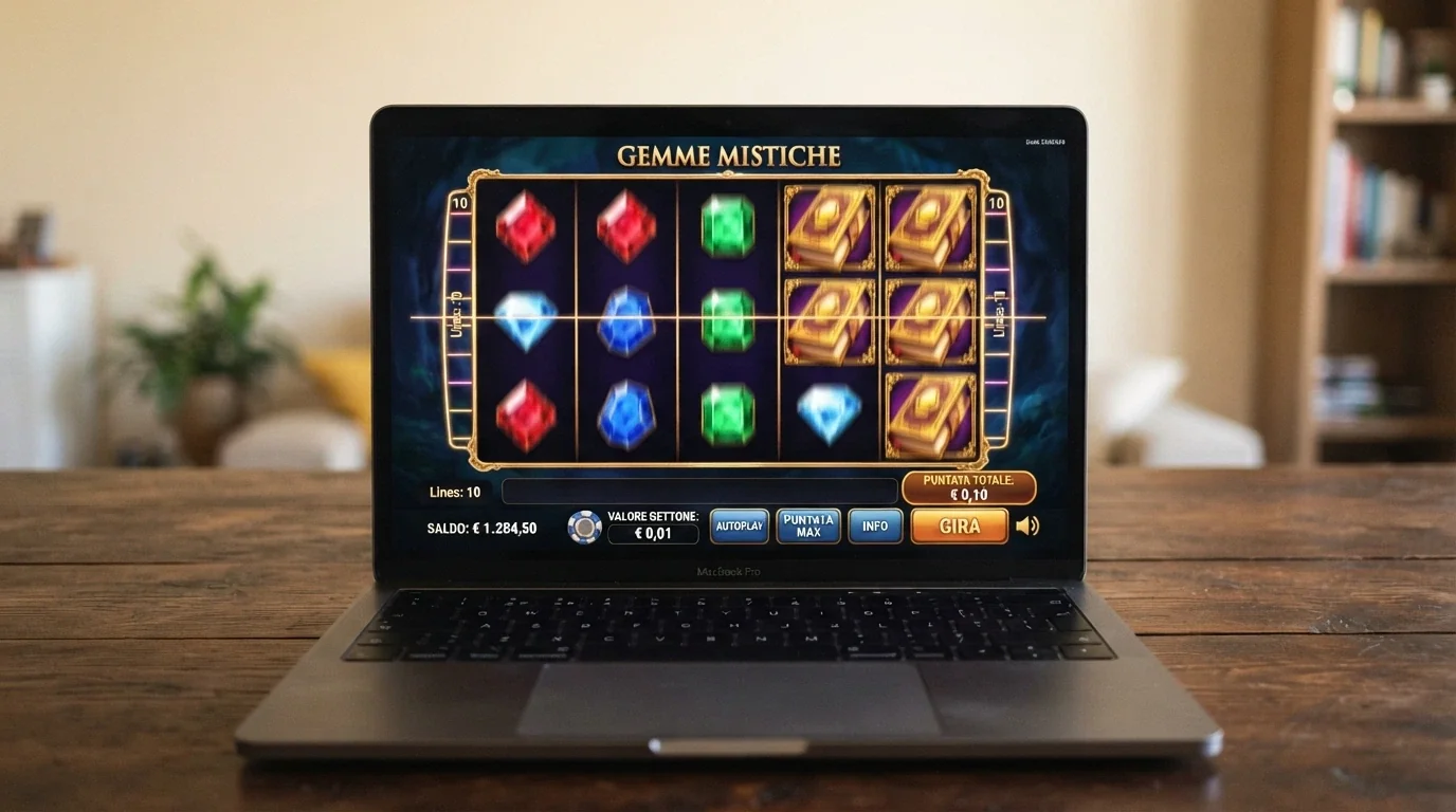 Una slot machine online con il pannello delle puntate aperto, gettone impostato su 0,01 € e 10 linee attive per un costo giro di 0,10 €