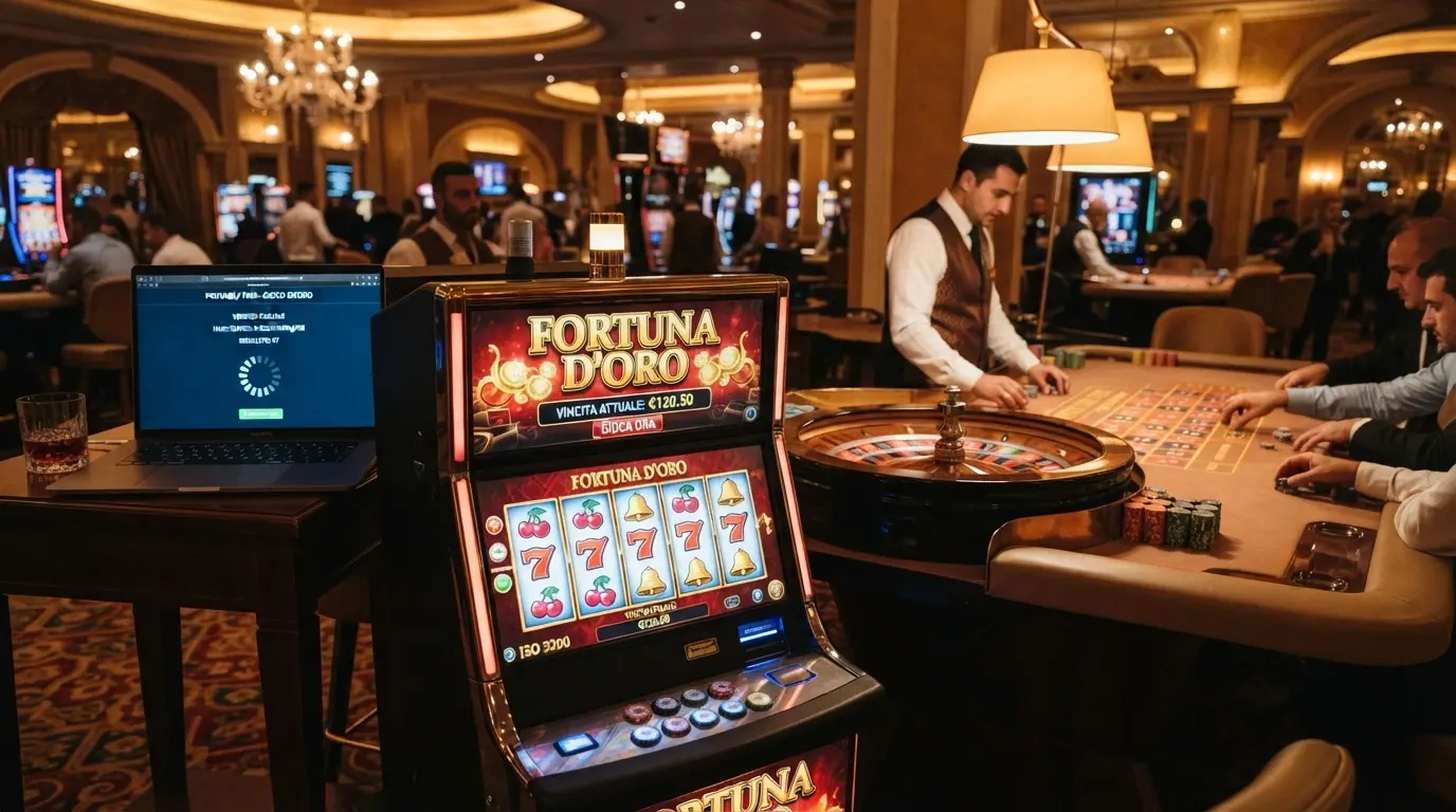 Schermata divisa in tre sezioni orizzontali: in alto una slot machine colorata, al centro un tavolo di roulette live con croupier, in basso un'interfaccia provably fair con hash crittografici visibili