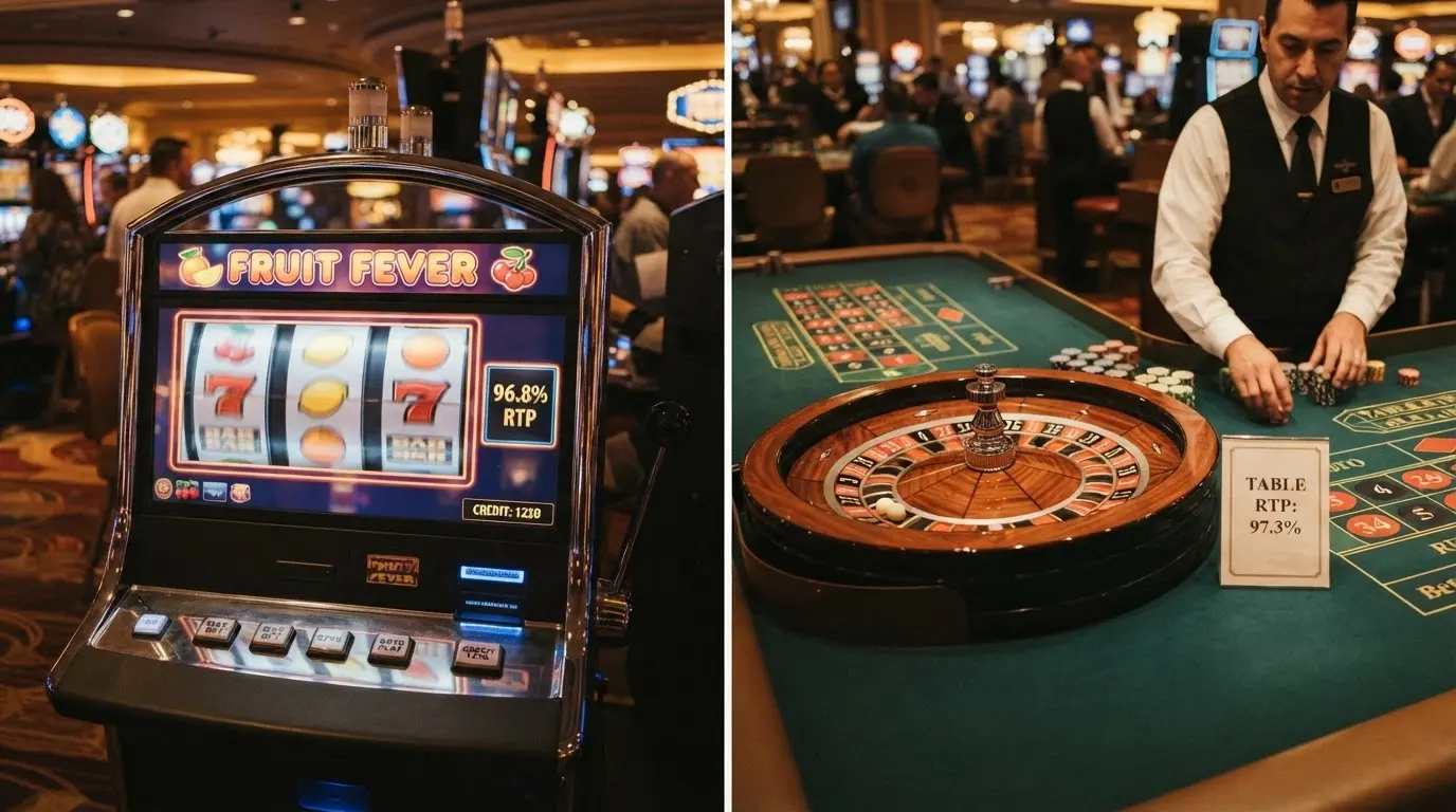Un rullo di slot digitale affiancato a un tavolo da live casino con croupier, entrambi con l'icona del simbolo percentuale cashback sovraimpressa