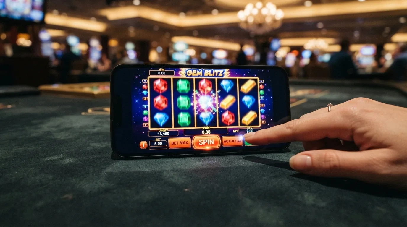Schermata di una slot machine in esecuzione su iPhone in modalità orizzontale con interfaccia touch
