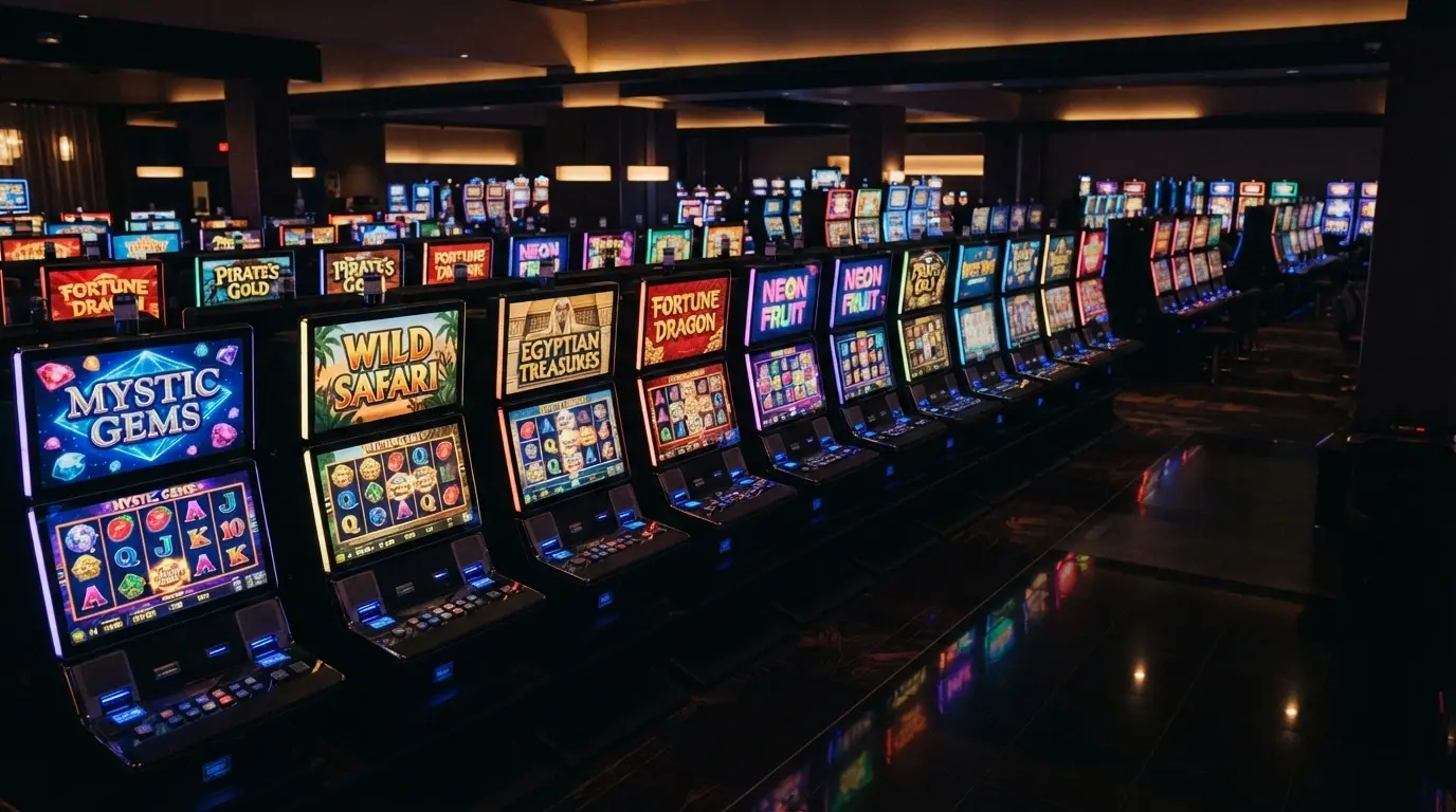 Una griglia di slot machine online con titoli diversi, provider internazionali e icone colorate, su sfondo scuro da casinò