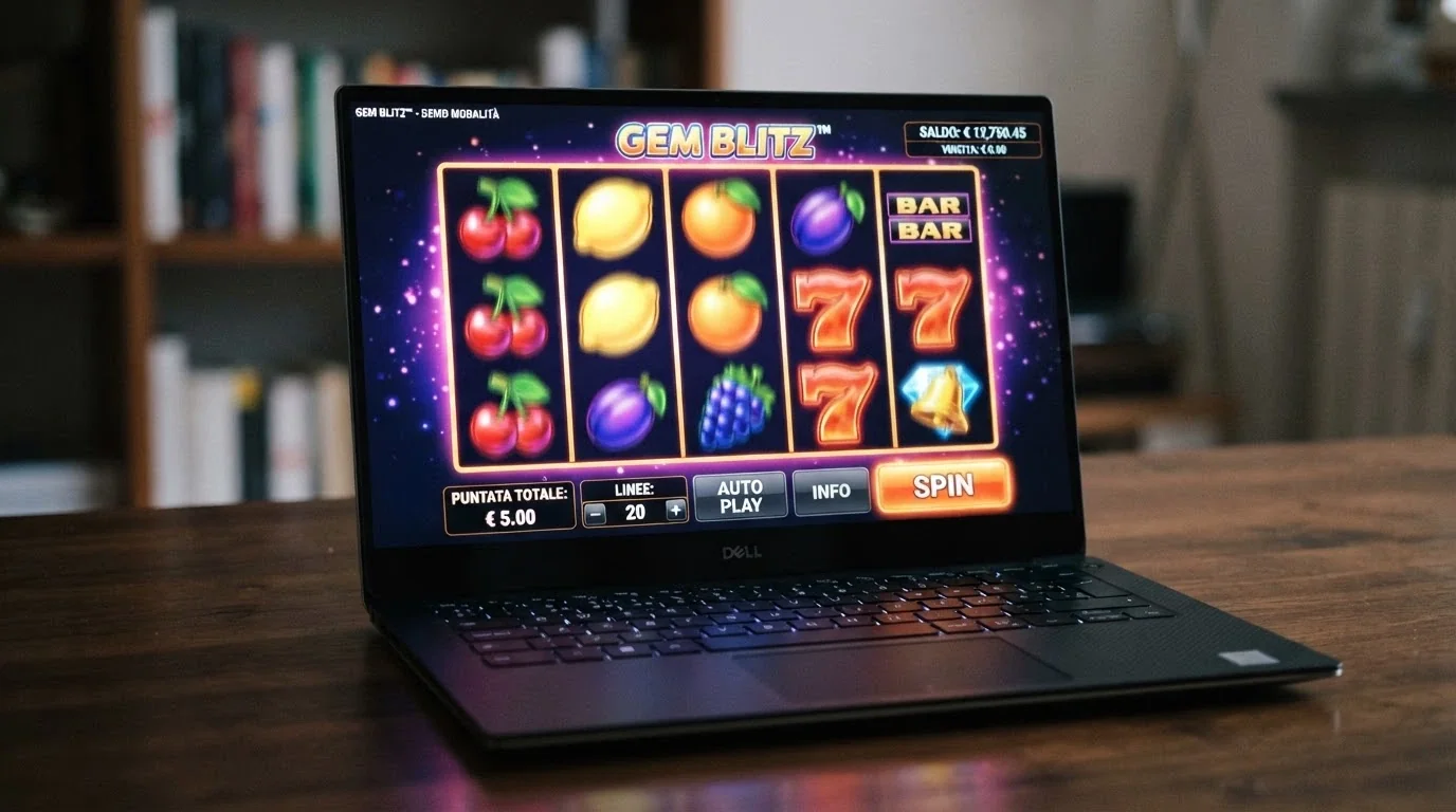 Un primo piano di una slot machine online in modalità demo su schermo, con il contatore del saldo virtuale visibile e rulli in movimento