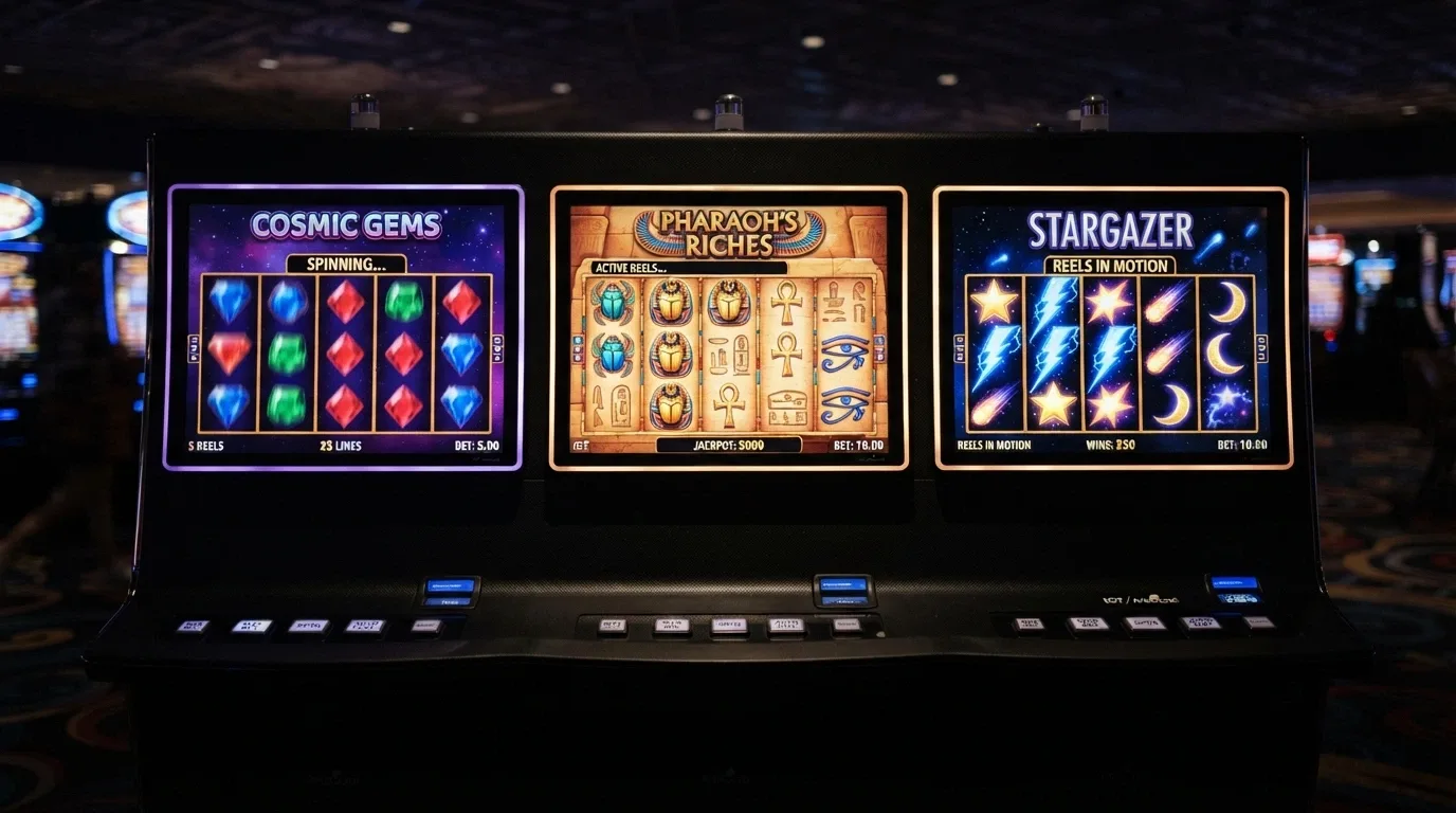 Tre schermate di slot affiancate — Starburst, Book of Dead e Starburst XXXtreme — con i rispettivi rulli in movimento