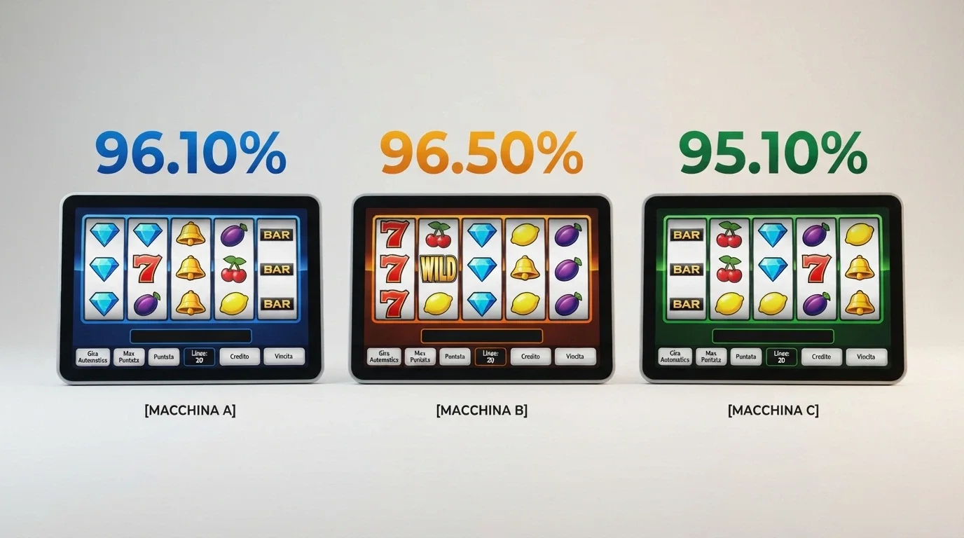 Tre slot machine affiancate con le rispettive percentuali RTP in sovraimpressione su ciascuna: 96.10%, 96.50%, 95.10%