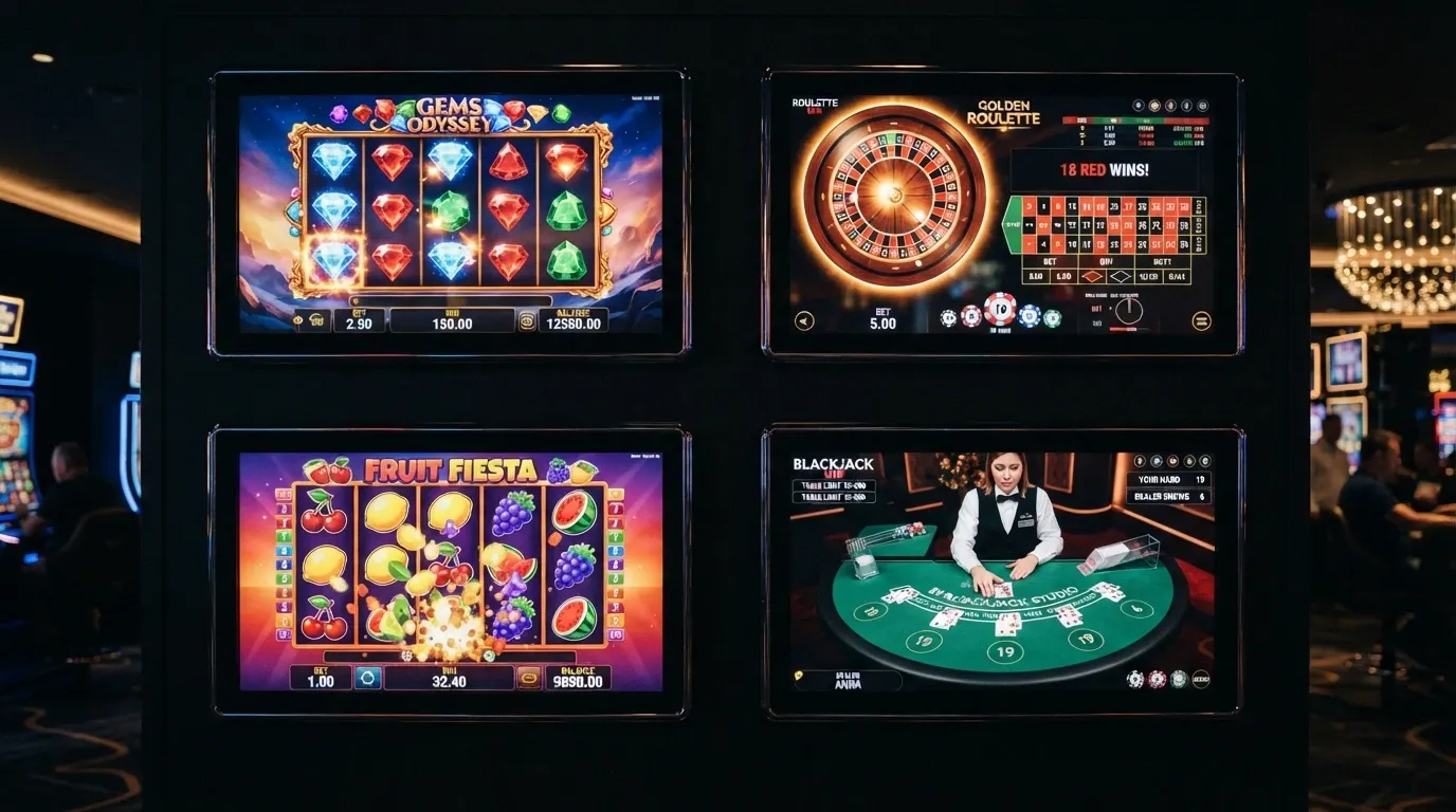 Una griglia di schermate di slot popolari con i loghi di Evolution, Pragmatic Play e Play'n GO in primo piano