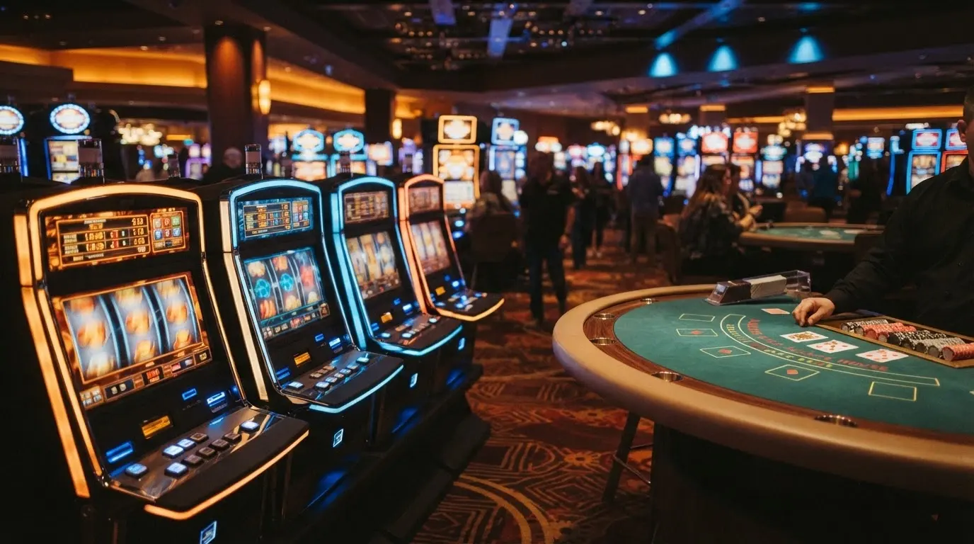 Una griglia di slot machine digitali con icone di criptovalute accanto ai rulli e un tavolo da blackjack in stile crypto