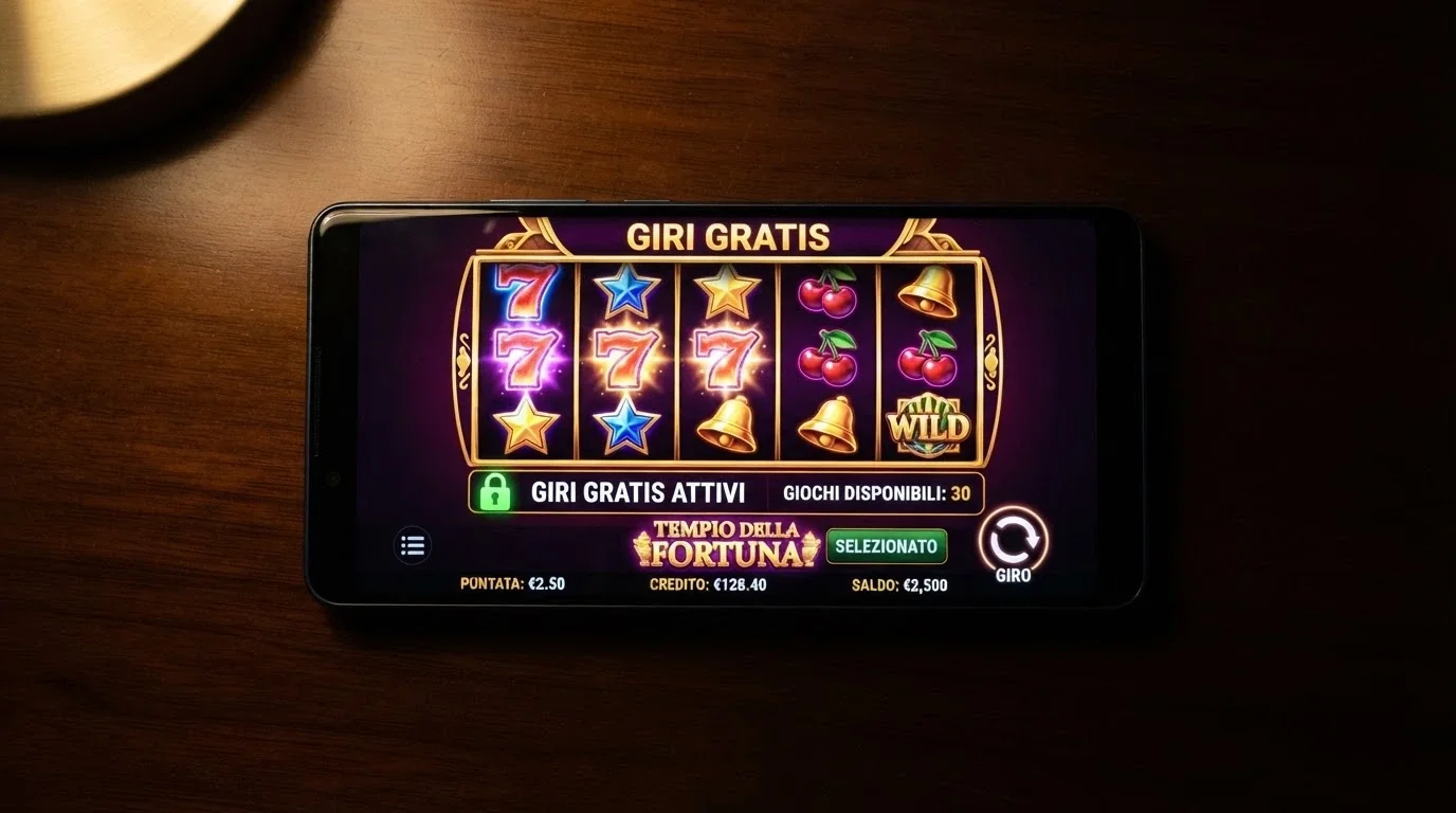 L'interfaccia di una slot machine online con un lucchetto o un'icona di selezione che evidenzia i titoli accessibili con i free spins