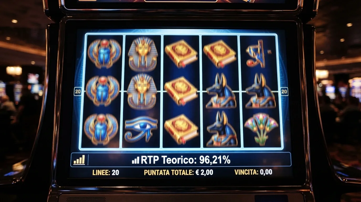 Una slot machine online con i rulli in movimento e il pannello informativo che mostra l'RTP in percentuale