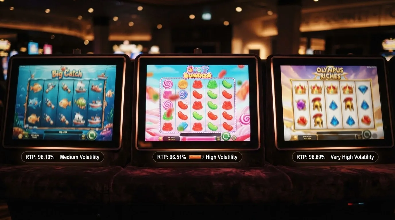 Tre schermate di slot (Big Bass Bonanza, Sweet Bonanza, Gates of Olympus) affiancate con i rispettivi dati RTP e volatilità in overlay