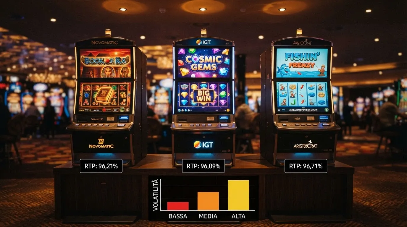 Tre slot machine affiancate in stile illustrativo: Book of Dead, Starburst e Big Bass Bonanza, con i rispettivi valori RTP e un grafico a barre della volatilità