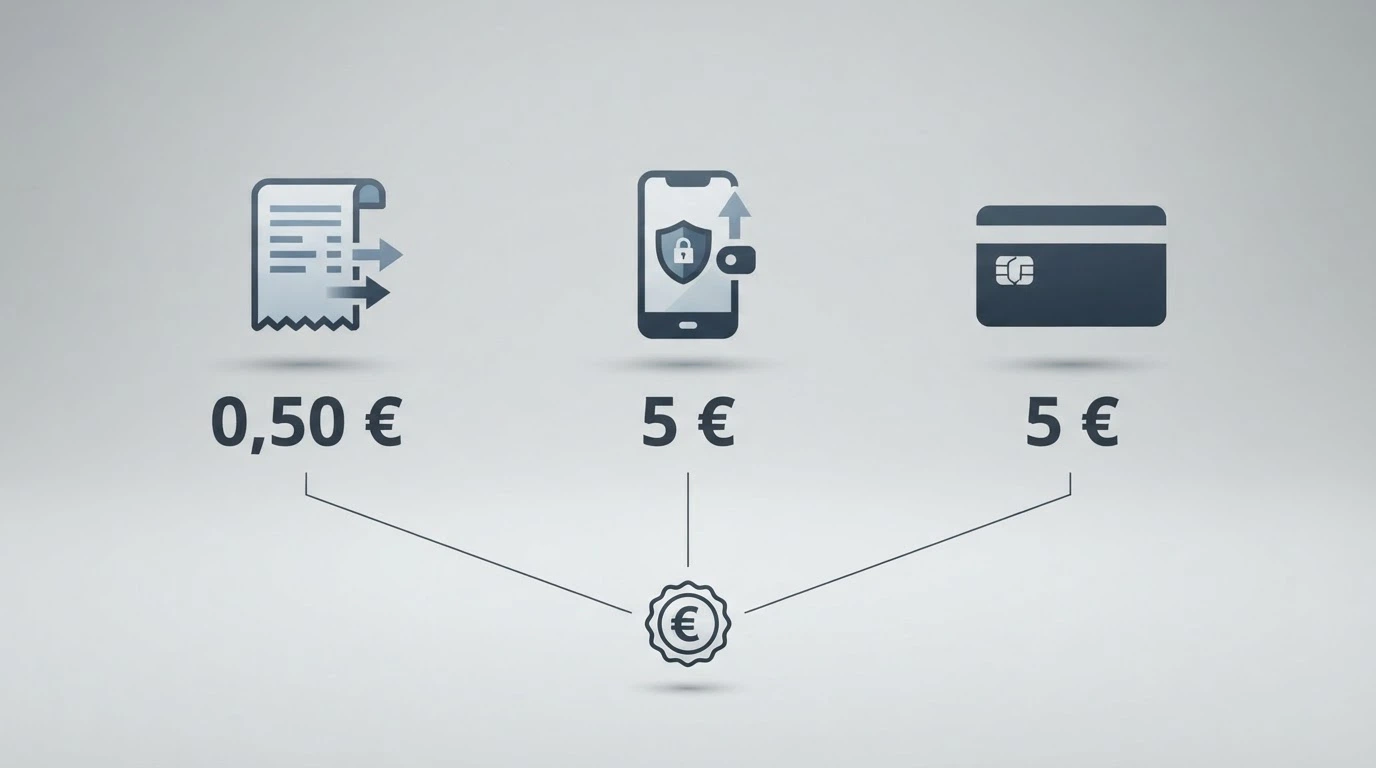 Tre metodi di pagamento affiancati con i rispettivi importi minimi di deposito: bonifico 0,50 €, PayPal 5 €, carta 5 €