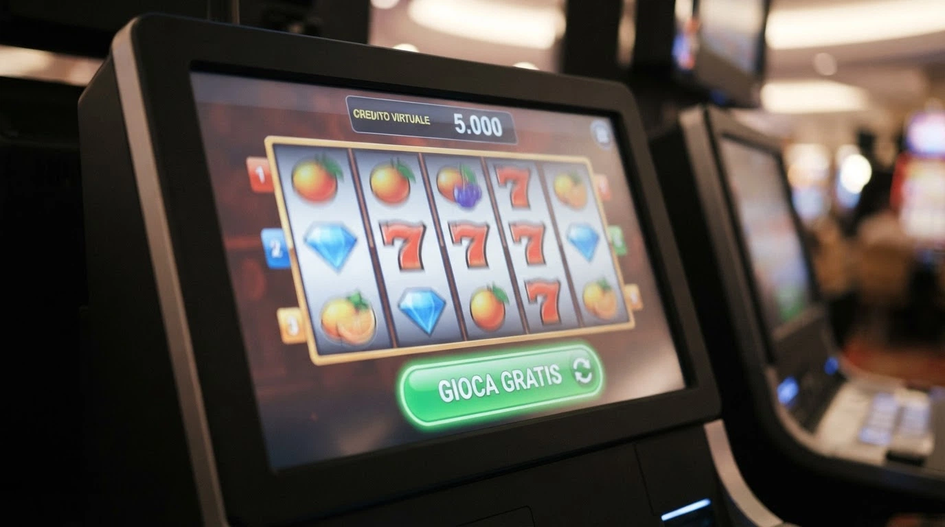 Primo piano del contatore di crediti virtuali di una slot machine in modalità demo, con il pulsante «gioca gratis» in evidenza