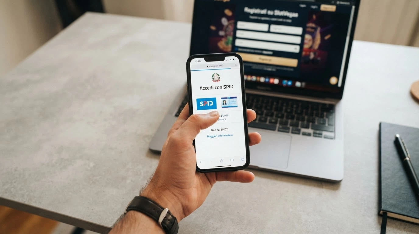 Uno smartphone che mostra la schermata di login SPID accanto al logo CIE, con lo sfondo della pagina di registrazione di un casinò ADM