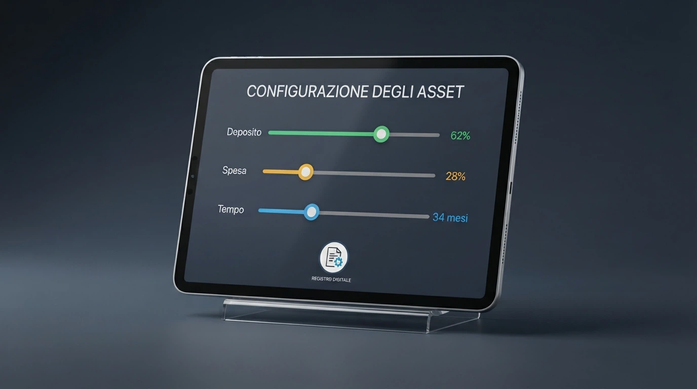 Un'interfaccia stilizzata del pannello limiti di un casinò ADM con cursori per deposito, spesa e tempo, e il logo RUA in primo piano