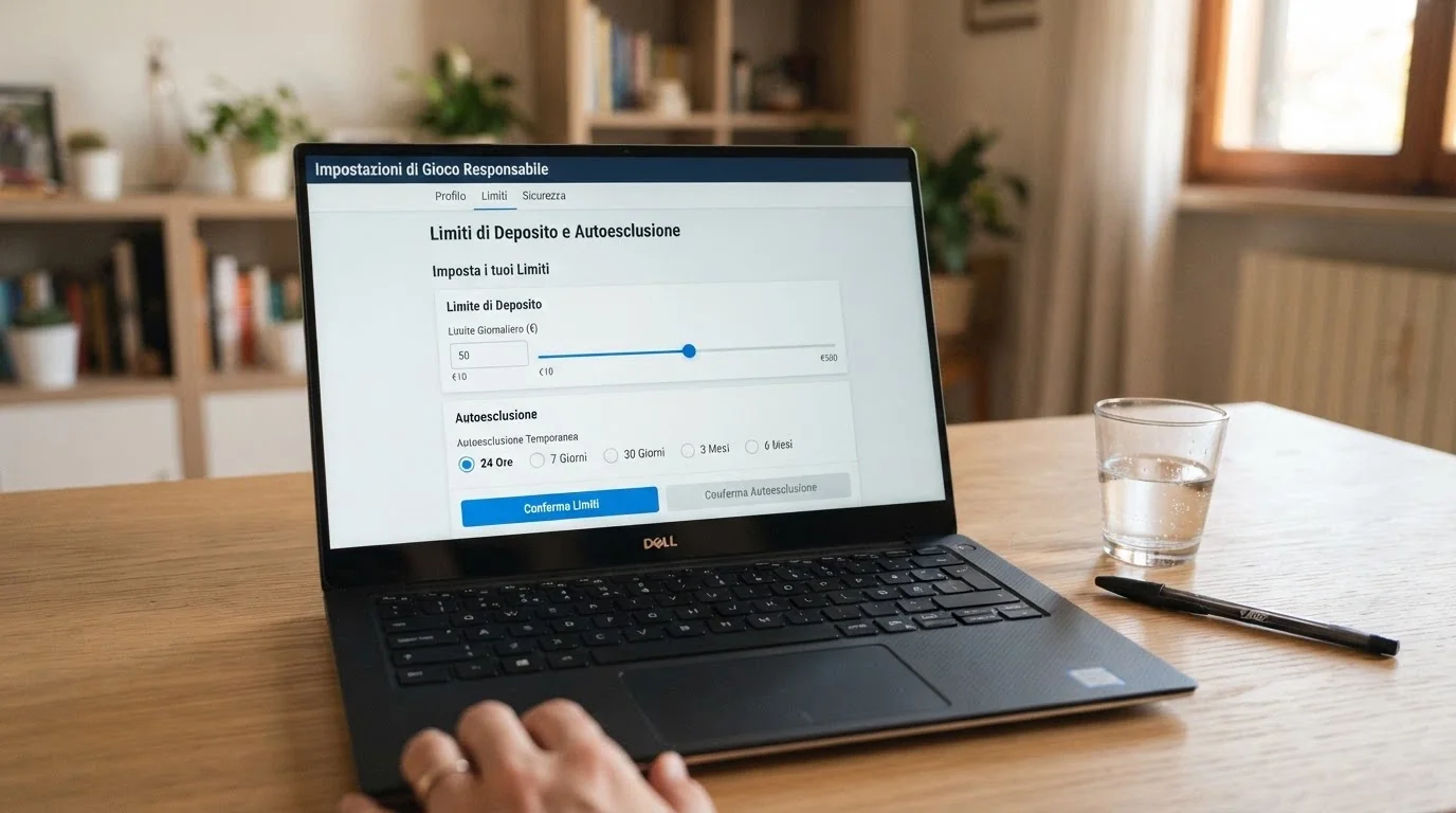 Interfaccia di impostazione limiti di deposito e autoesclusione su un casino online con interruttori e selettori di periodo