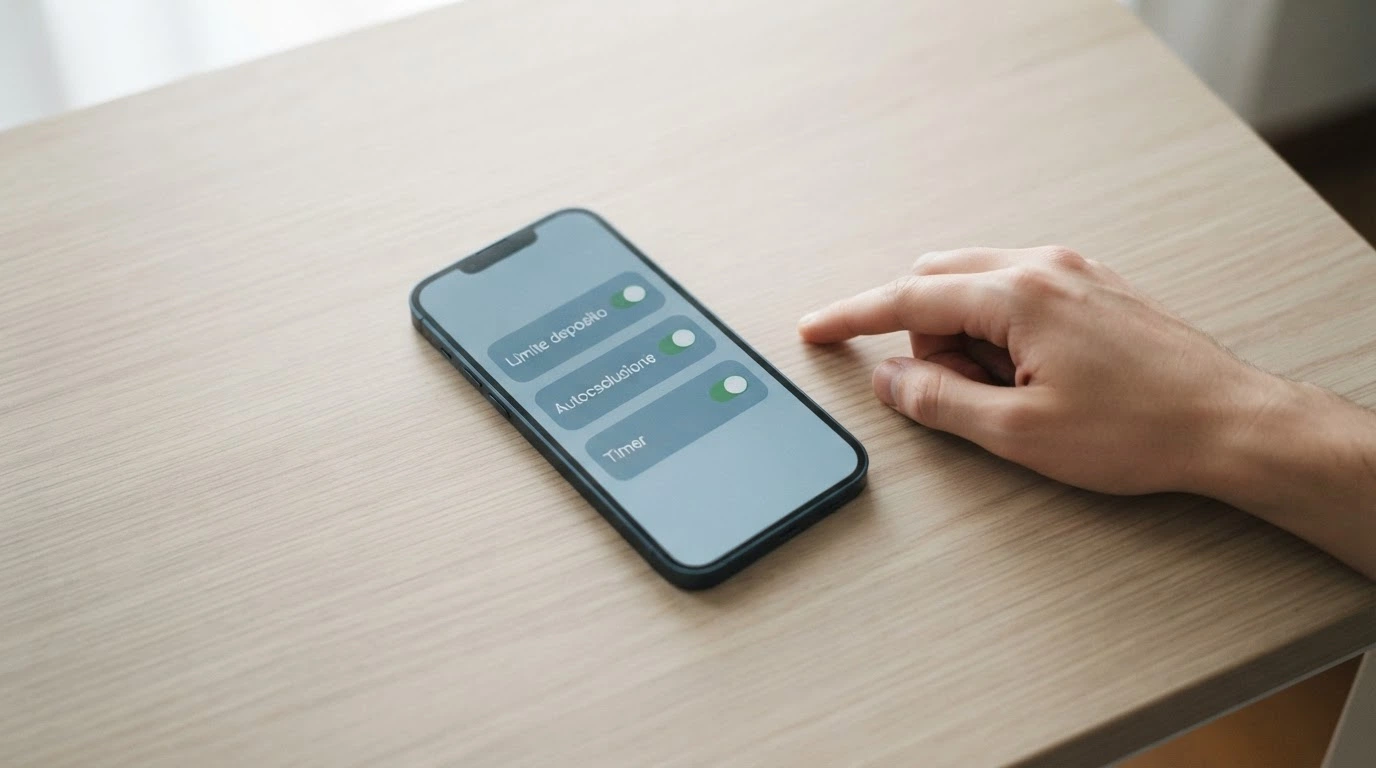 L'interfaccia di un pannello di controllo con le opzioni «Limite di deposito», «Autoesclusione» e «Timer di sessione» su sfondo rassicurante