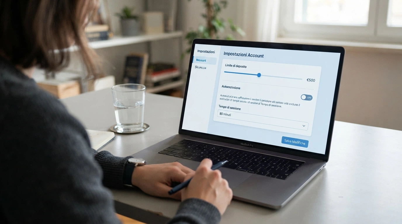 L'interfaccia di un pannello di controllo con le opzioni di limite di deposito, autoesclusione e tempo di sessione su un casinò ADM