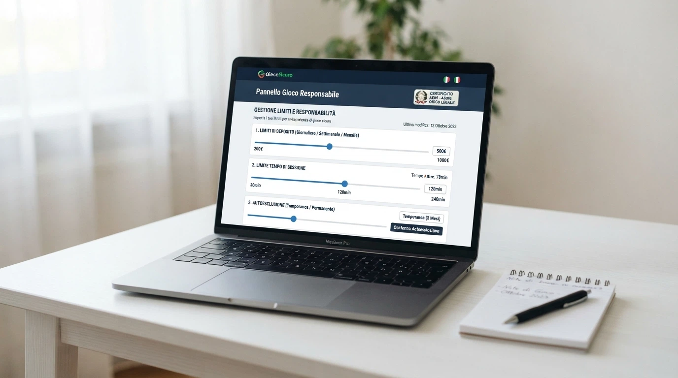 Un'interfaccia di area account di un casinò ADM che mostra i controlli di limite di deposito, tempo di gioco e autoesclusione, con il logo RUA in evidenza