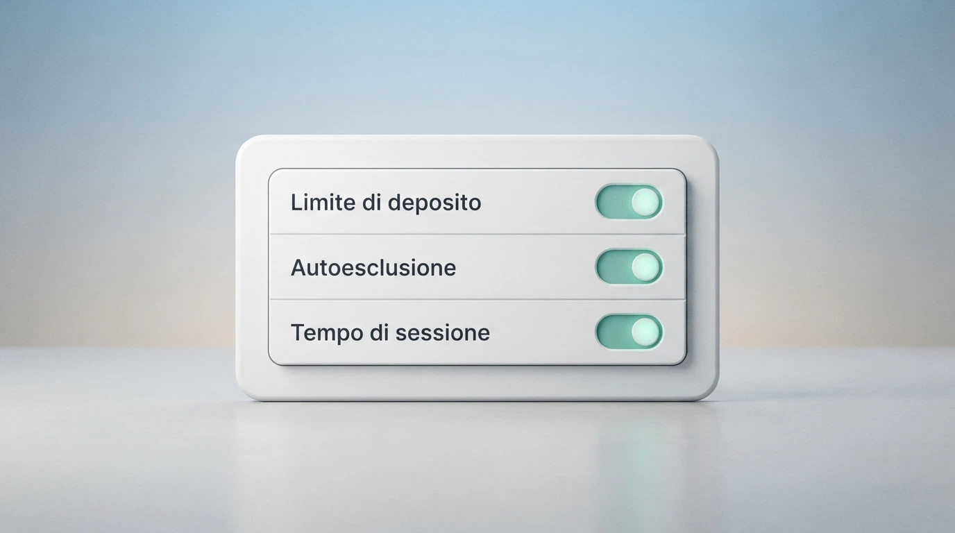 Un'interfaccia di pannello di controllo con le voci «limite di deposito», «autoesclusione» e «tempo di sessione» attive e selezionabili