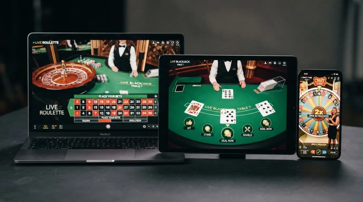 Tre schermi affiancati mostrano l'interfaccia di tre provider diversi: Evolution con il tavolo Lightning, Playtech con Quantum e Pragmatic Play con un tavolo in italiano