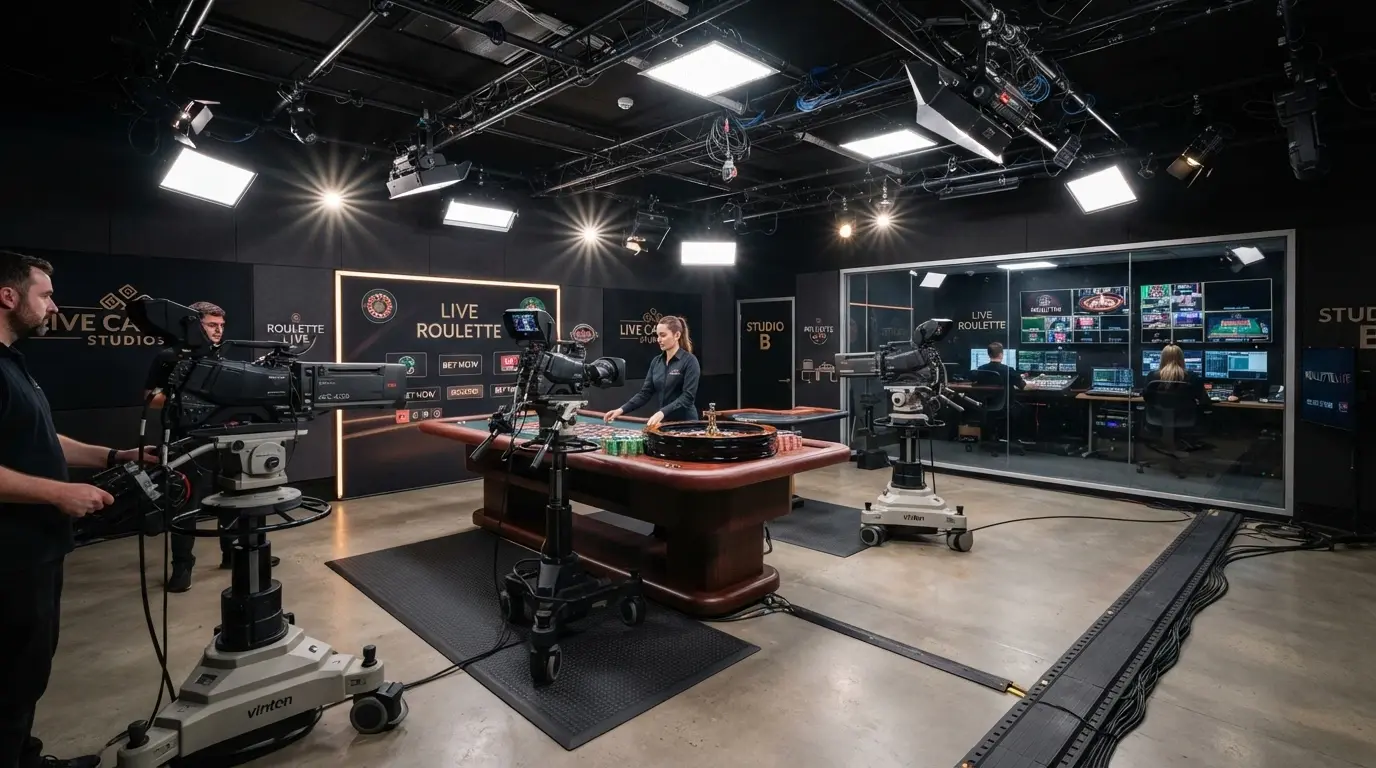 Vista grandangolare di uno studio di produzione con telecamere professionali e tavoli da gioco illuminati, ambiente di un provider live.