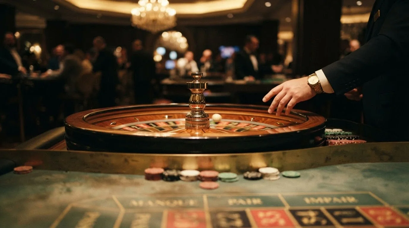 Un croupier al tavolo di roulette francese dal vivo con primo piano sulla ruota in movimento e il panno verde.