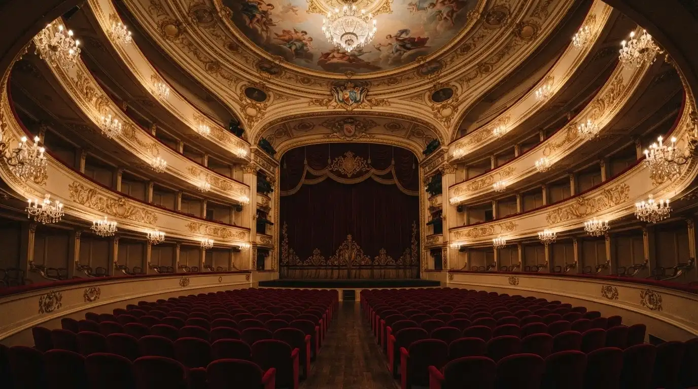 L'interno del Teatro dell'Opera del Casinò di Sanremo con poltrone in velluto rosso e palchi