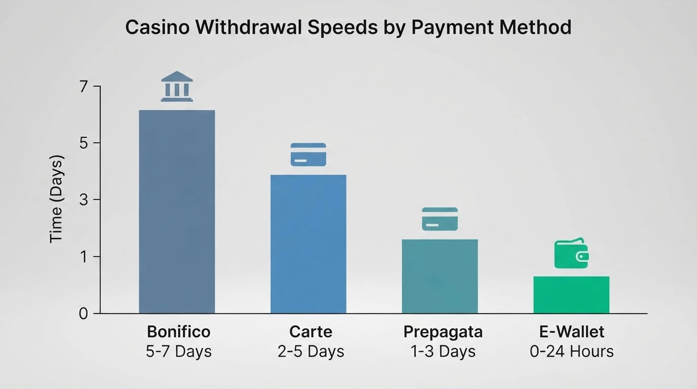Un grafico comparativo a barre con le icone dei metodi di pagamento e i relativi tempi di prelievo, dal più rapido al più lento