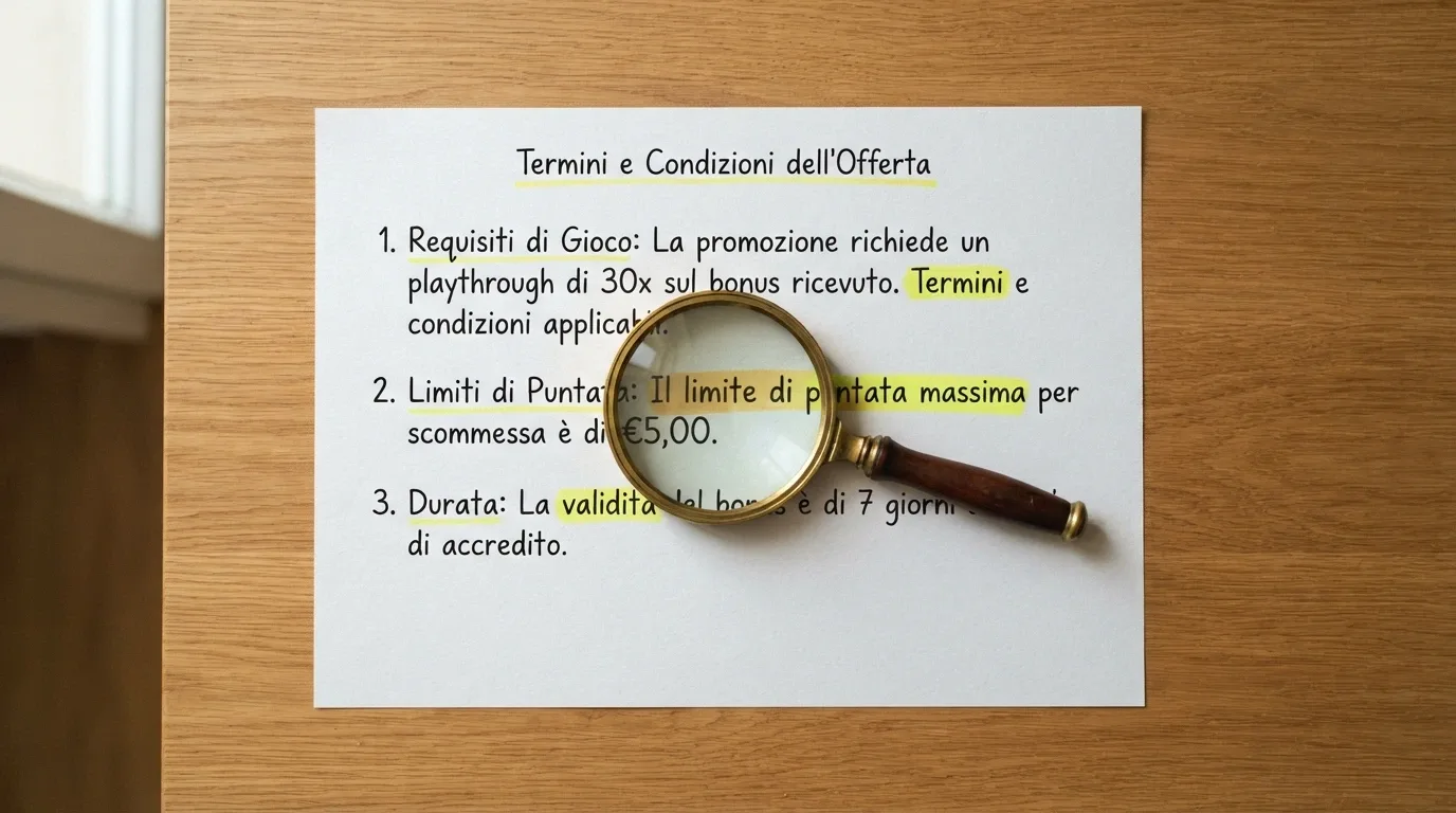 Una lente di ingrandimento su un foglio di termini e condizioni, con le voci «wagering», «tetto massimo» e «validità» sottolineate