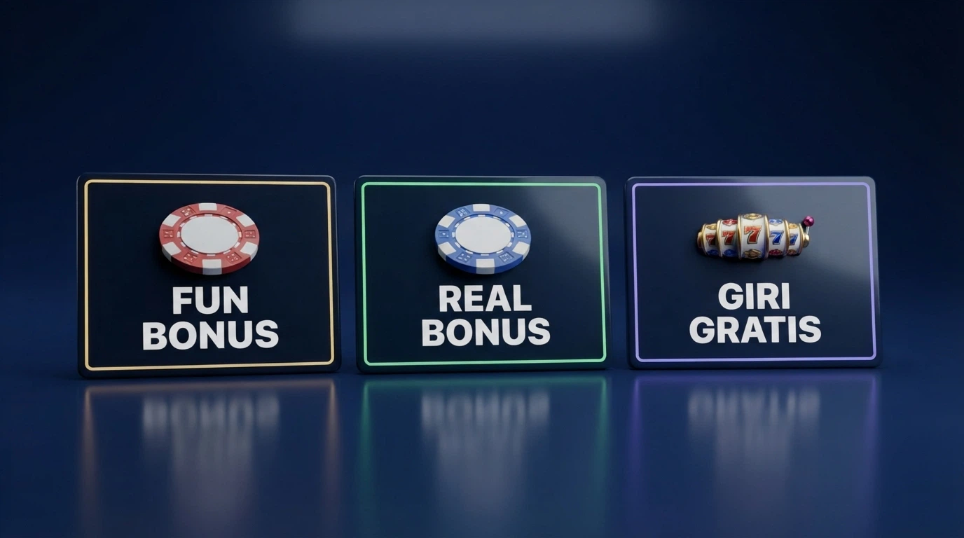 Tre riquadri affiancati con diverse tipologie di bonus: «Fun Bonus», «Real Bonus», «Giri Gratis»