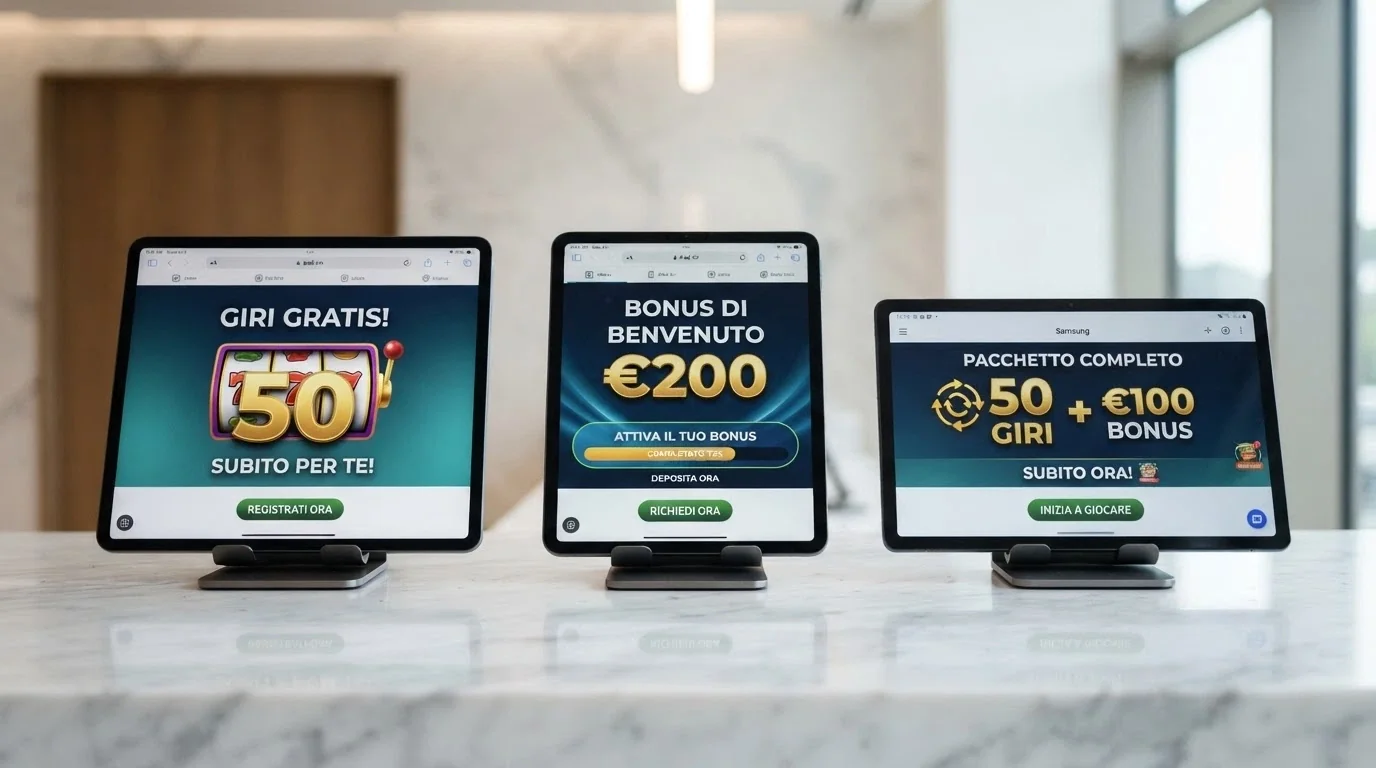 Tre riquadri affiancati che mostrano le schermate di tre diverse tipologie di bonus senza deposito: giri gratis, Fun Bonus in denaro e pacchetto ibrido giri più cash