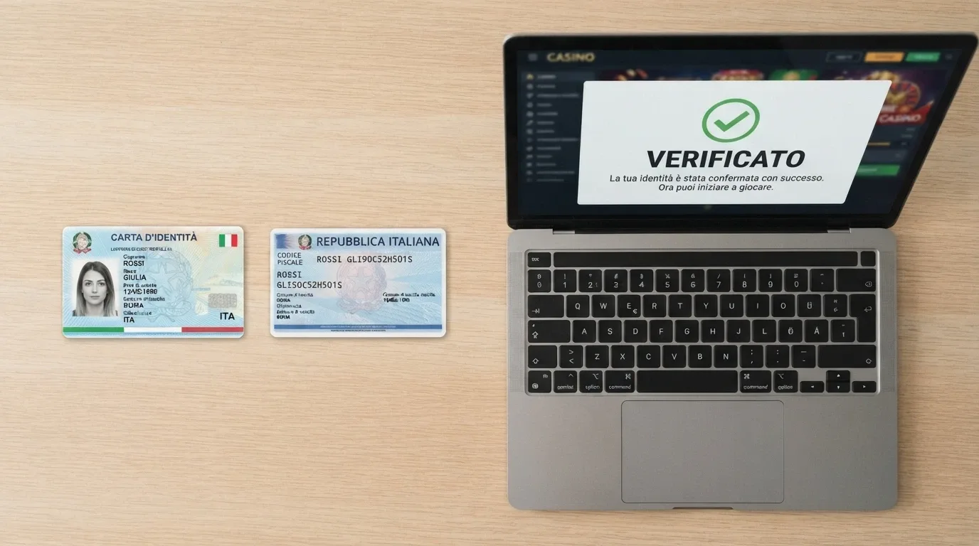 Un documento d'identità italiano e un tesserino di codice fiscale posati su una scrivania accanto alla schermata di un casinò online con licenza ADM