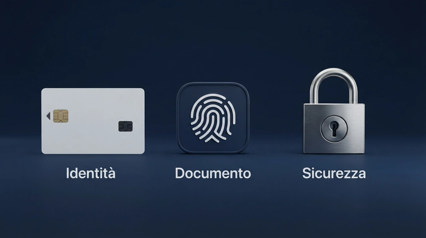 Tre icone affiancate — SPID, CIE e un lucchetto — su sfondo blu istituzionale, con la dicitura «Verifica Identità» in sovraimpressione