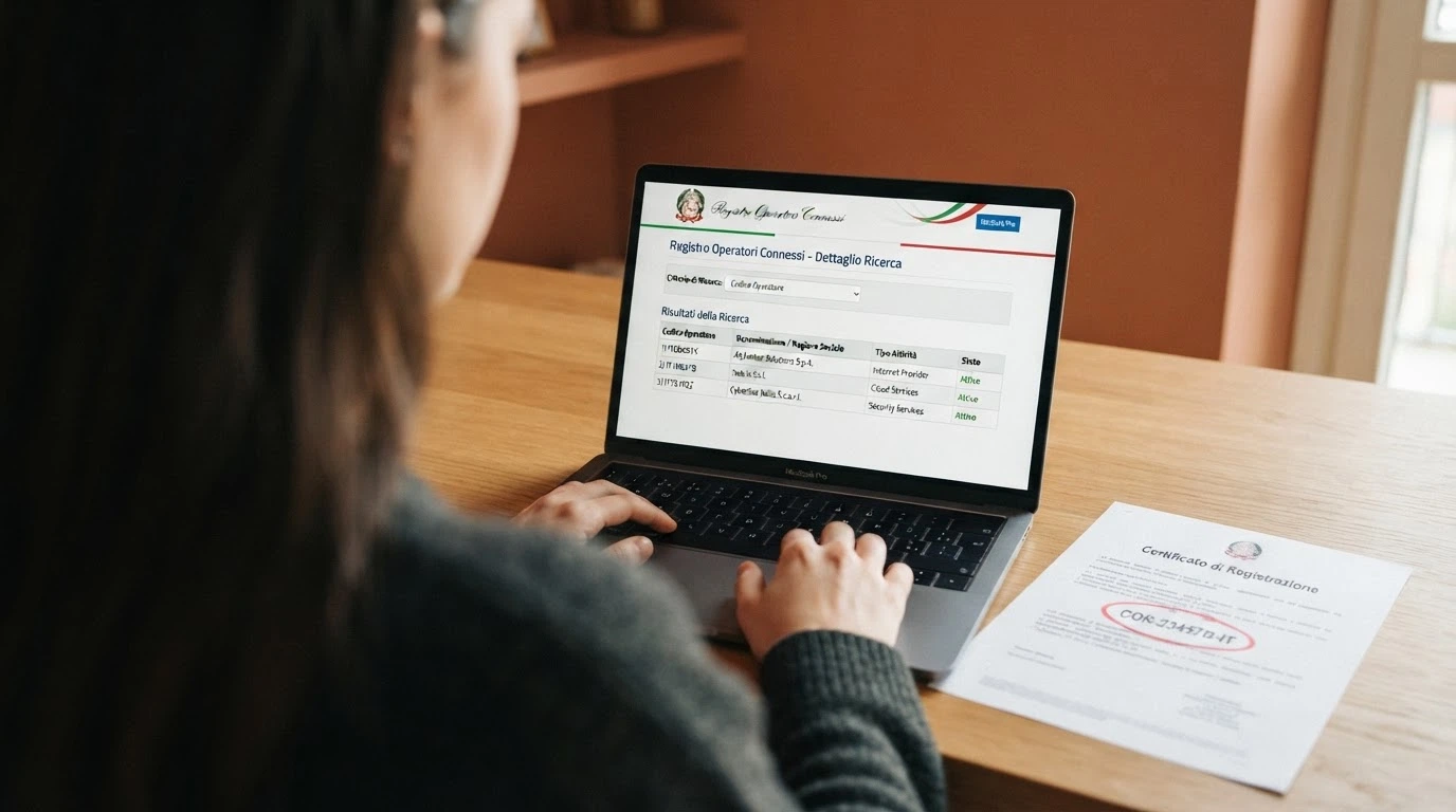 Lo schermo di un computer che mostra il sito ufficiale ADM con la pagina di verifica concessioni aperta, accanto al footer di un casinò con il numero GAD evidenziato